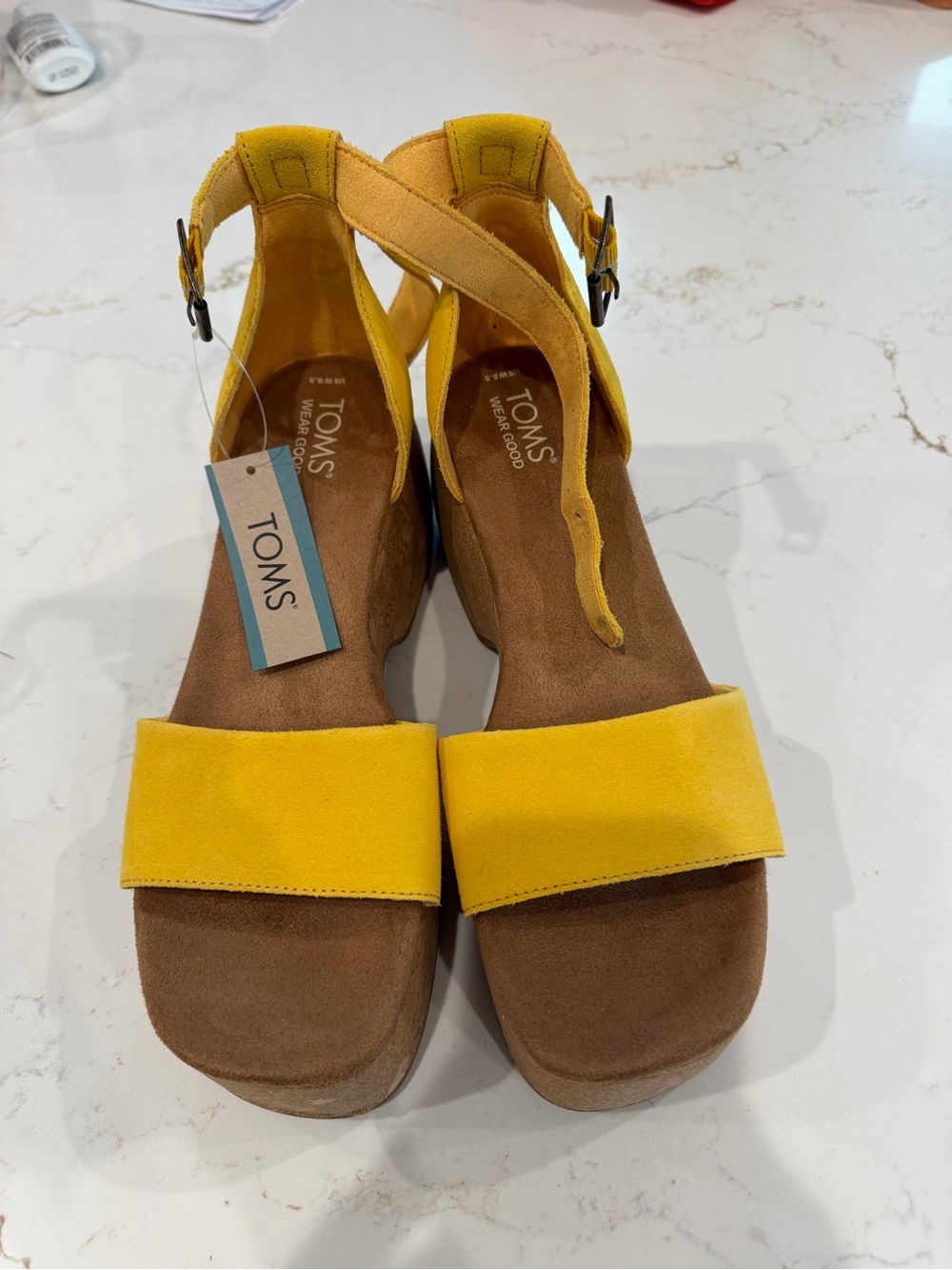 TOMS Yellow Suede Wedge Sandals with Ankle Strap